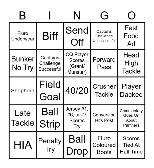 Rovers State of Origin Bingo Card