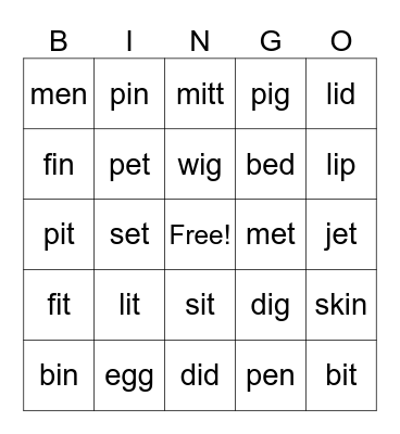 i     e Bingo Card
