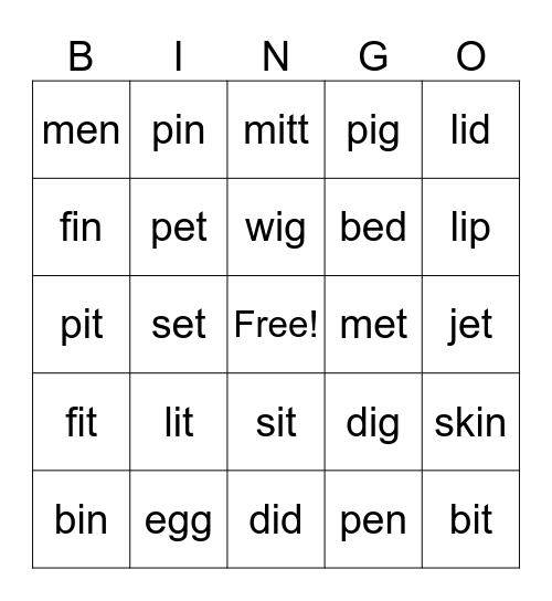 i     e Bingo Card