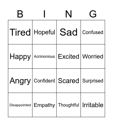 Emotions and Feelings Bingo Card