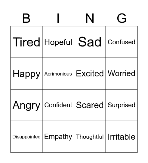 Emotions and Feelings Bingo Card