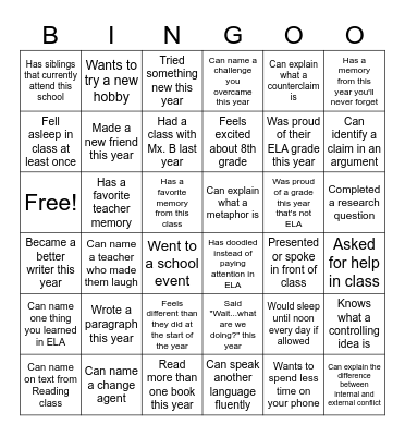 Mx. B ELA 7th Grade Bingo Card