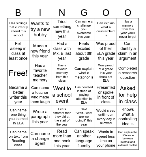 Mx. B ELA 7th Grade Bingo Card