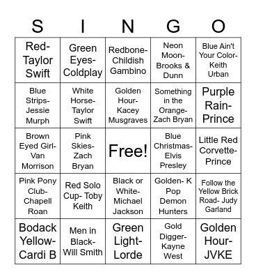 Songs with Colors Bingo Card