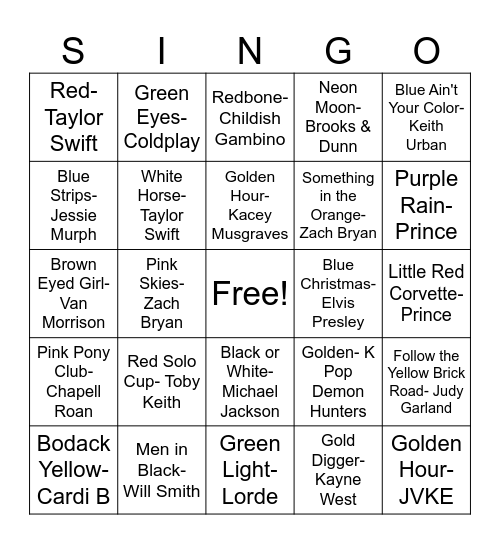 Songs with Colors Bingo Card