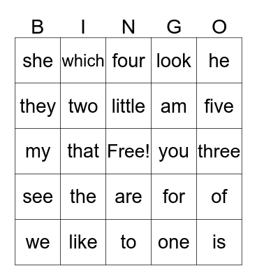 Sight Words Bingo Card