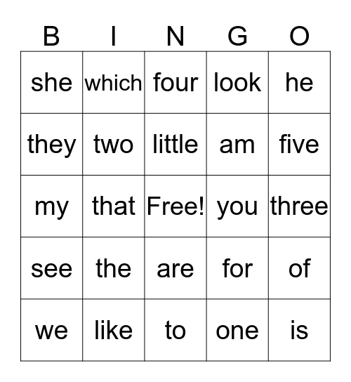 Sight Words Bingo Card