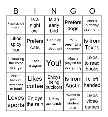 BBA Summer Orientation People Bingo Card