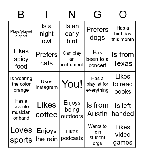 BBA Summer Orientation People Bingo Card