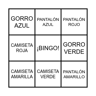 BINGO DE LA ROPA Y LOS COLORES Bingo Card