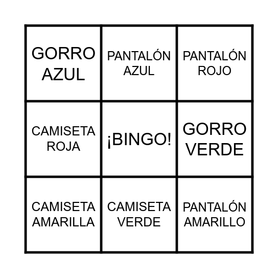 BINGO DE LA ROPA Y LOS COLORES Bingo Card