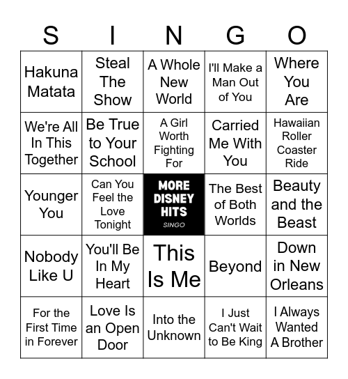 More Disney Hits Singo - 45 songs Bingo Card