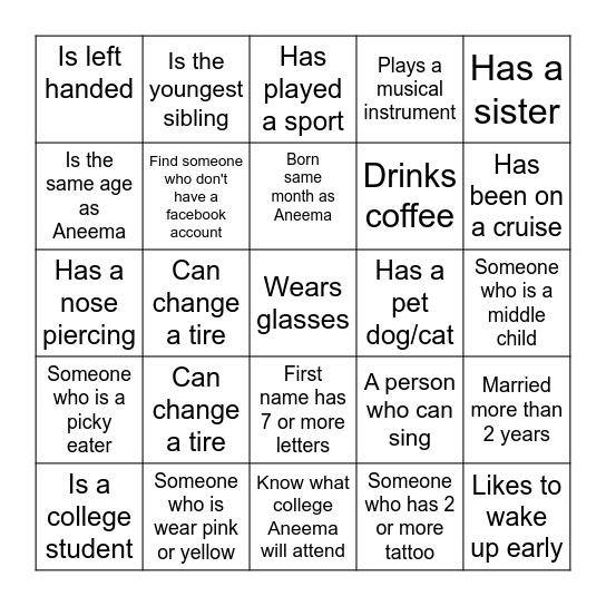 Find The Guest Bingo Card