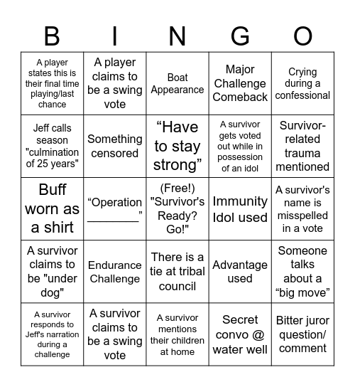 Survivor Bingo Card