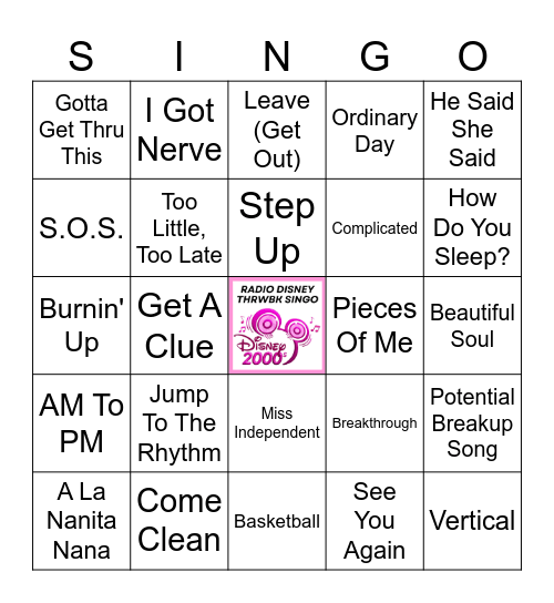 Radio Disney Throwbacks Singo - 40 songs Bingo Card