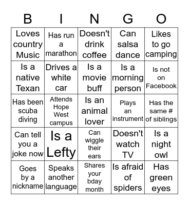 Hope Singles People Bingo!  Bingo Card