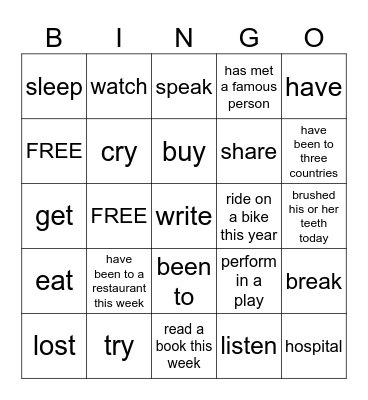 Present Perfect Question Bingo Card