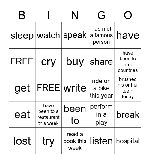 Present Perfect Question Bingo Card