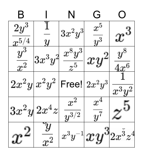 Exponent Rules Bingo Card