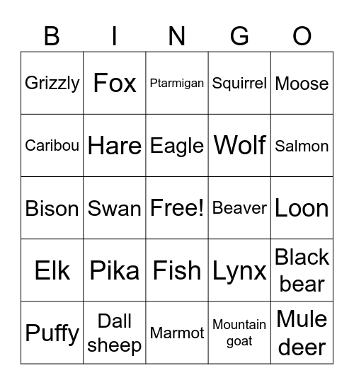 Yukon Wildlife Bingo Card
