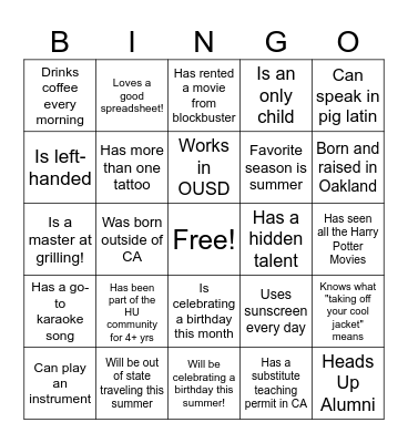 Heads Up Bingo Card