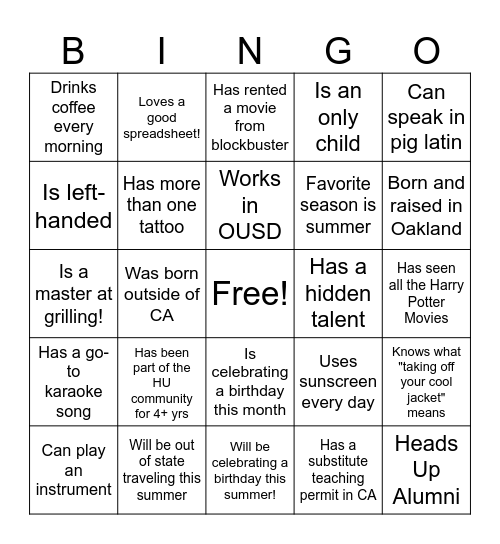 Heads Up Bingo Card