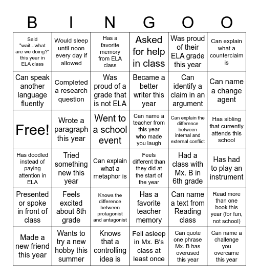 Mx. Brown EOY Bingo Card