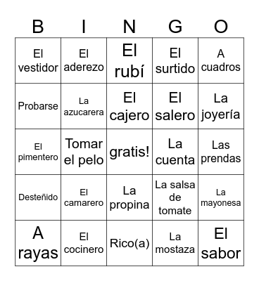 Español 2 Un. 5 Lec. B Vocab Bingo Card