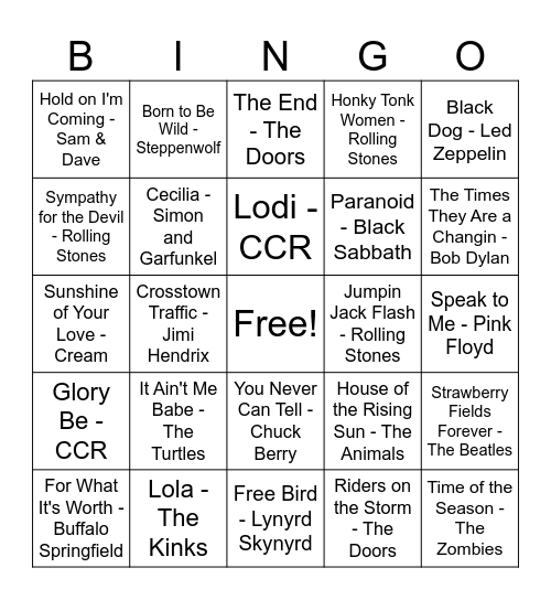 Vietnam War Music Bingo Card