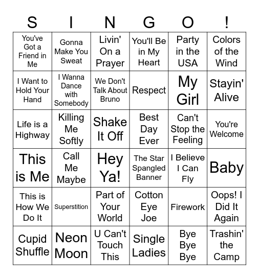 Greatest Hits/DISNEY Bingo Card