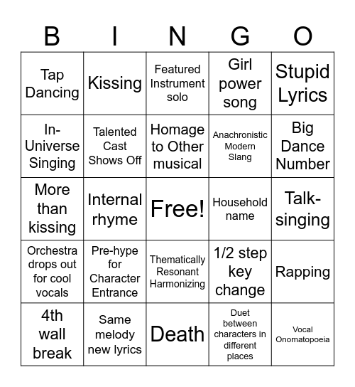 Cast Album Bingo Card