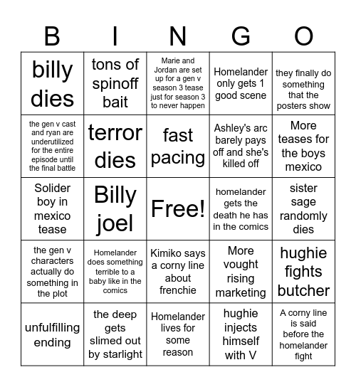 The soy's finale Bingo Card