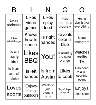 BBA Summer Orientation People Bingo Card
