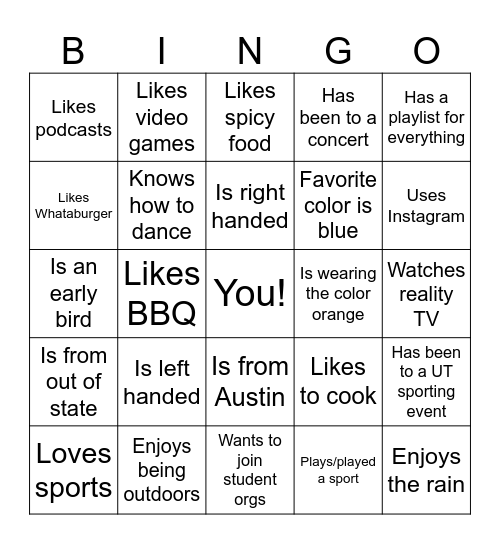 BBA Summer Orientation People Bingo Card