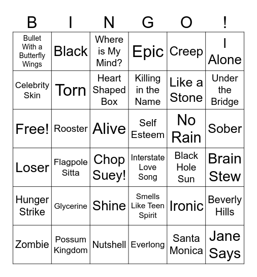 Grunge Bingo Card