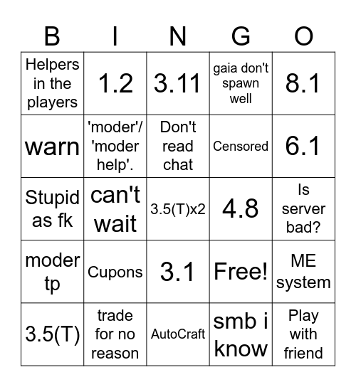 Moder Days Bingo Card