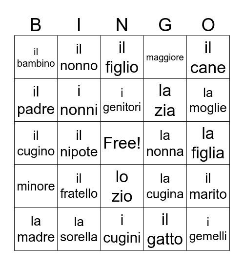 la famiglia Bingo Card