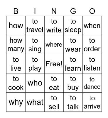 question words Bingo Card