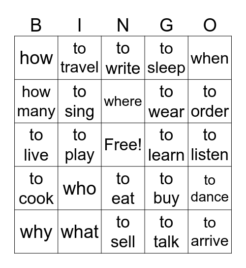 question words Bingo Card