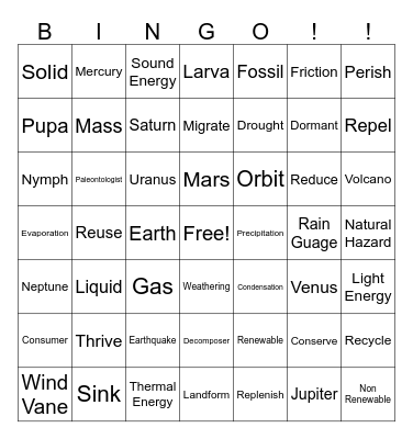 Science Vocabulary Bingo Card