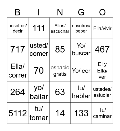 Numeros y verbos Bingo Card