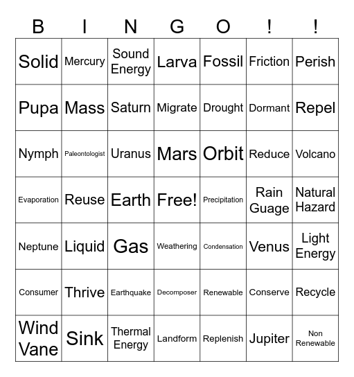 Science Vocabulary Bingo Card