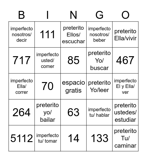 Números y verbos Bingo Card