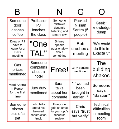 SC Team Meeting Bingo Card