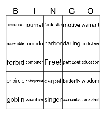 Word Bingo Card