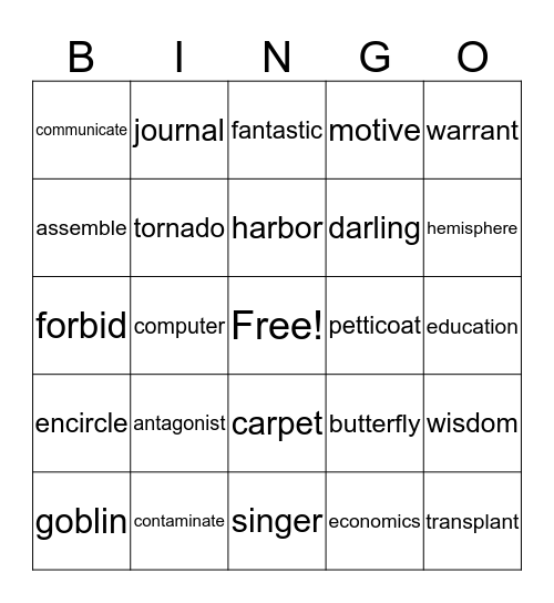 Word Bingo Card