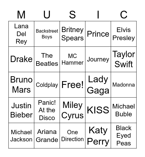 Bingo For Teens - Music Bingo Card