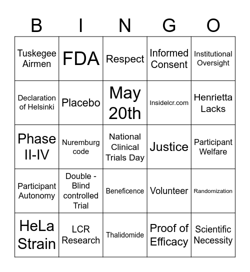 National Clinical Trials Day Bingo Card