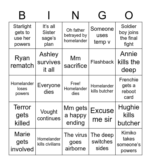 The boys finale Bingo Card