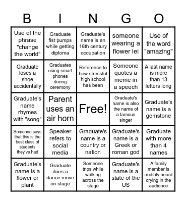 Graduation Bingo Card